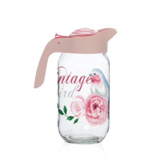 Carafa Plastic cu Maner Juice Vintage Bird, 1 L, 10x20 cm, Model Floral/Pasari, Cani Plastic cu Maner, Cani din Plastic 1 L, Carafe Limonada 1 L, Cana din Plastic cu Toarta 1 L, Carafe Plastic 1 L, Carafe din Plastic cu Maner pentru Suc si Limonada