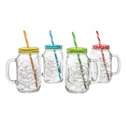 Carafa Sticla cu Capac si Pai OTI, 450 ml, Diverse Culori, Cana din Sticla cu Capac si Pai, Borcan Capac si Pai, Cani cu Capac si Pai, Carafe din Sticla cu Capac si Pai, Cana Limonada cu Capac Metalic si Pai, Borcan cu Pai si Capac