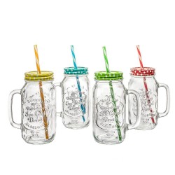 Carafa Sticla cu Capac si Pai OTI, 680 ml, Diverse Culori, Cana din Sticla cu Capac si Pai, Borcan Capac si Pai, Cani cu Capac si Pai, Carafe din Sticla cu Capac si Pai, Cana Limonada cu Capac Metalic si Pai, Borcan cu Pai si Capac