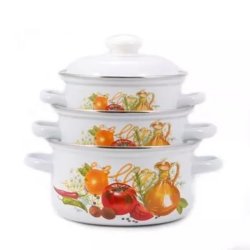 Set 3 Oale Inalte Email de Bucatarie, Capacitate 2/3/4.5 L, Alb, Model cu Legume, Maner Capac Alb, Oale Email, Oale Emailate, Oale de Bucatarie, Oale Email de Bucatarie, Oale Email cu Model, Oale Email de Bucatarie cu Model, Oale Email Albe