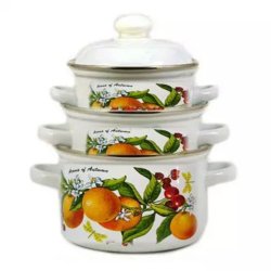 Set 3 Oale Inalte Email de Bucatarie, Capacitate 2/3/4.5 L, Alb, Model cu Portocale, Oale Email, Oale Emailate, Oale de Bucatarie, Oale Email de Bucatarie, Oale Email cu Model, Oale Email de Bucatarie cu Model, Oale Email Albe, Set Oale Email