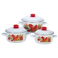 Set 3 Oale Joase Email de Bucatarie, Capacitate 2/3/4.5 L, Alb, Model cu Lalele, Oale Email, Oale Emailate, Oale de Bucatarie, Oale Email de Bucatarie, Oale Email cu Model, Oale Email de Bucatarie cu Model, Oale Email Albe, Set Oale Email