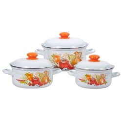 Set 3 Oale Inalte Email de Bucatarie, Capacitate 2/3/4.5 L, Alb, Model cu Legume, Maner Capac Portocaliu, Oale Email, Oale Emailate, Oale de Bucatarie, Oale Email de Bucatarie, Oale Email cu Model, Oale Email de Bucatarie cu Model, Oale Email Albe