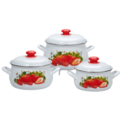 Set 3 Oale Bombate Email de Bucatarie, Capacitate 2/3/4.5 L, Alb, Model cu Capsuni, Oale Email, Oale Emailate, Oale de Bucatarie, Oale Email de Bucatarie, Oale Email cu Model, Oale Email de Bucatarie cu Model, Oale Email Albe, Set Oale Email