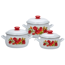 Set 3 Oale Bombate Email de Bucatarie, Capacitate 2/3/4.5 L, Alb, Model cu Lalele, Oale Email, Oale Emailate, Oale de Bucatarie, Oale Email de Bucatarie, Oale Email cu Model, Oale Email de Bucatarie cu Model, Oale Email Albe, Set Oale Email