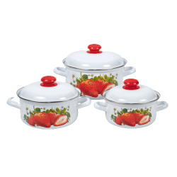 Set 3 Oale Joase Email de Bucatarie, Capacitate 2/3/4.5 L, Alb, Model cu Capsuni, Oale Email, Oale Emailate, Oale de Bucatarie, Oale Email de Bucatarie, Oale Email cu Model, Oale Email de Bucatarie cu Model, Oale Email Albe, Set Oale Email