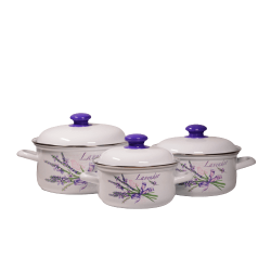 Set 3 Oale Joase Email de Bucatarie, Capacitate 2/3/4.5 L, Alb, Model cu Lavanda, Oale Email, Oale Emailate, Oale de Bucatarie, Oale Email de Bucatarie, Oale Email cu Model, Oale Email de Bucatarie cu Model, Oale Email Albe, Set Oale Email