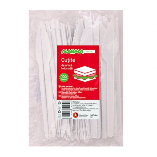 Cutite din Plastic de Unica Folosinta, 100 Buc/Set, 16.3 cm, Culoare Alba, Tacamuri de Unica Folosinta, Cutite Albe din Plastic, Cutite de Unica Folosinta, Cutite din Plastic pentru Catering, Cutite din Plastic Unica Folosinta