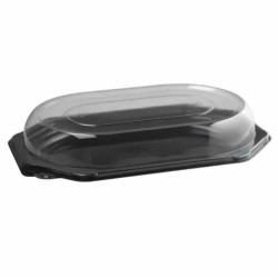 Set 100 Platouri Ovale cu Capac, 43x28x3.2 cm, Negre, Polipropilena, Set Platouri Plastic cu Capac pentru Catering, Platouri Plastic cu Capac pentru Alimente, Platouri Plastic pentru Catering, Platouri cu Capac pentru Transport Alimente