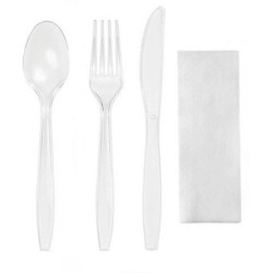 Set Tacamuri Plastic Unica Folosinta OTI, 100 Buc/Set, Furculita, Lingura, Cutit si Servetel, Transparent, Tacamuri Fast Food, Set Plastic pentru Catering, Seturi Unica Folosinta, Tacamuri de Unica Folosinta, Tacamuri de Plastic