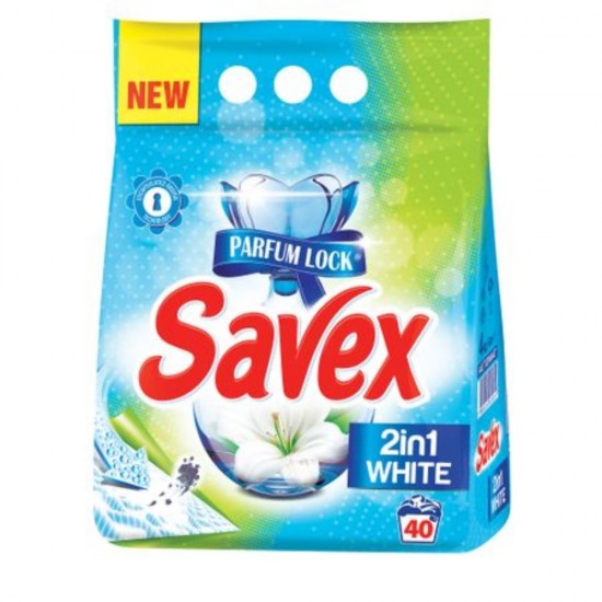 Detergent Pudra Automat de Rufe SAVEX 2 in 1 White, Cantitate 4 Kg, 40 Spalari, Parfum Floral, Detergent Automat pentru Haine Albe, Detergenti Pudra pentru Haine Albe, Solutii Curatare a Hainelor Albe