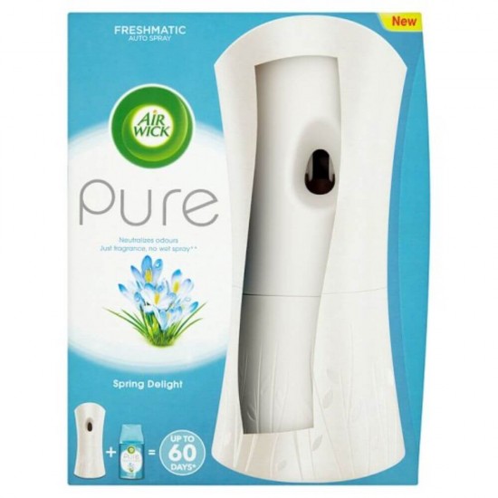 Aparat Air Wick Freshmatic cu Odorizant Pure Spring Delight, 250 ml, Parfum Floral, Spray Odorizant de Camera, Set Aparat Air Wick si Odorizant Spray Tip Aerosol, Spray tip Aerosol, Odorizant Camera, Aparat Odorizant de Camera Automat