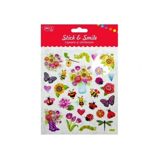 Abtibilduri DACO Lipeste si Zambeste, Model Gradina Flori, 30 Buc/Set, Multicolor, Abtibilde cu Flori, Autocolante cu Flori, Stickere Decorative, Stickere pentru Copii, Abtibilduri Copii, Abtibilduri pentru Mobila, Autocolante Decorative