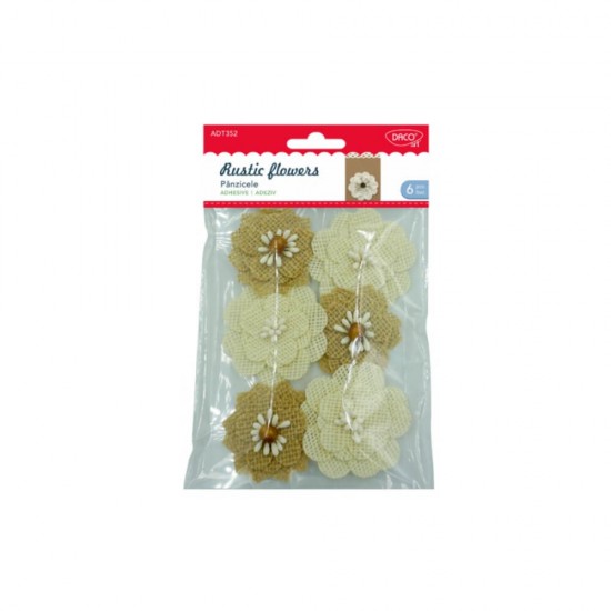 Set Panzicele Daco, 6 Flori Textile, 6x6 cm, Autoadezive, Alb/Natur