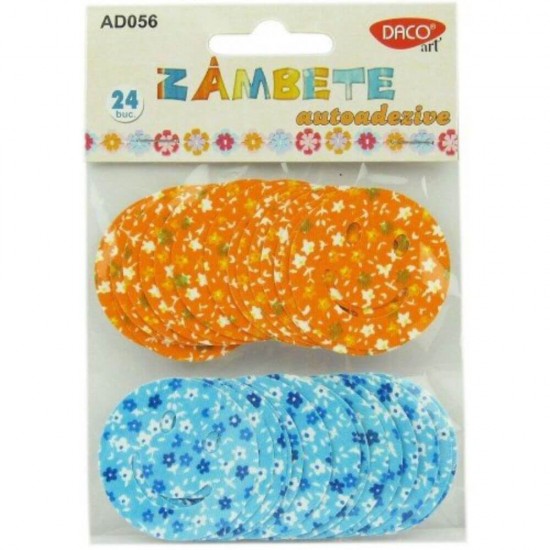 Zambete Autoadezive DACO, 24 Buc/Set, 50 mm, Albastru/Portocaliu, Zambete Decorative Adezive, Figuri Adezive Ornamentale, Smiles Adezive, Accesorii Craft, Accesorii Creatie, Forme Decorative Autoadezive, Simley Decorativ Autoadeziv