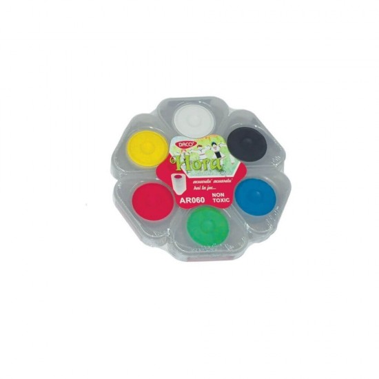 Acuarele DACO, Model Hora, 6 Culori in Pastile Compacte, Diametrul Pastilei 45 mm, Culori Pictura, Acuarele Scoala, Acuarele Pictura, Paleta de Acuarele, Set Culori Acuarele, Acuarele Scolare, Materiale Arta, Materiale de Pictura, Accesorii Pictura