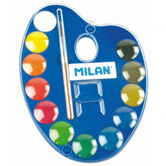 Paleta Acuarele cu Pensula MILAN, 12 Culori in Pastile Compacte, Diametrul Pastilei 25 mm, Acuarele Scoala, Acuarele Pictura, Paleta de Acuarele, Set Culori Acuarele, Acuarele Scolare, Materiale Arta, Materiale de Pictura, Accesorii Pictura