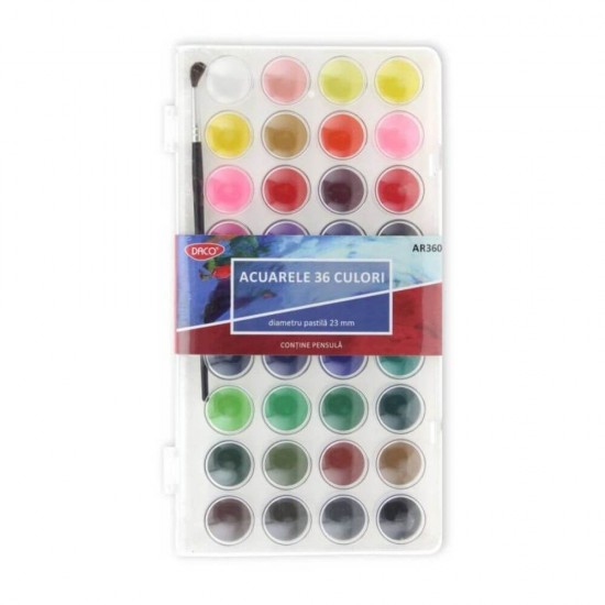 Acuarele cu Pensula DACO, 36 de Culori in Capsule Compacte, Diametrul Pastilei 23 mm, Culori Pictura, Acuarele Scoala, Acuarele Pictura, Paleta de Acuarele, Set Culori Acuarele, Acuarele Scolare, Materiale Arta, Materiale de Pictura, Accesorii Pictura