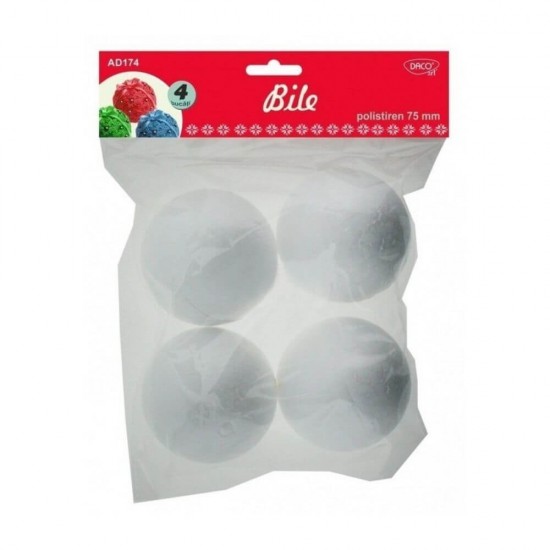 Bile din Polistiren DACO, Dimensiuni 75 mm, 4 Buc/Set, Culoare Alba, Bile de Pictat, Bile din Polistiren, Bile Polistiren Pentru Decorat, Bile Polistiren, Bile Polistiren pentru Pictat, Globuri Albe Polistiren