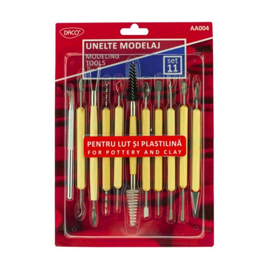 Unelte Modelaj DACO, 11 Buc/Set, Lemn/Meta, pentru Lut si Plastilina, Accesorii Craft, Accesorii Creatie, Ustensile Modelaj Lut, Ustensile Modelaj Plastilina, Accesorii pentru Modelaj si Olarit, Cutite Pentru Lut Si Plastilina