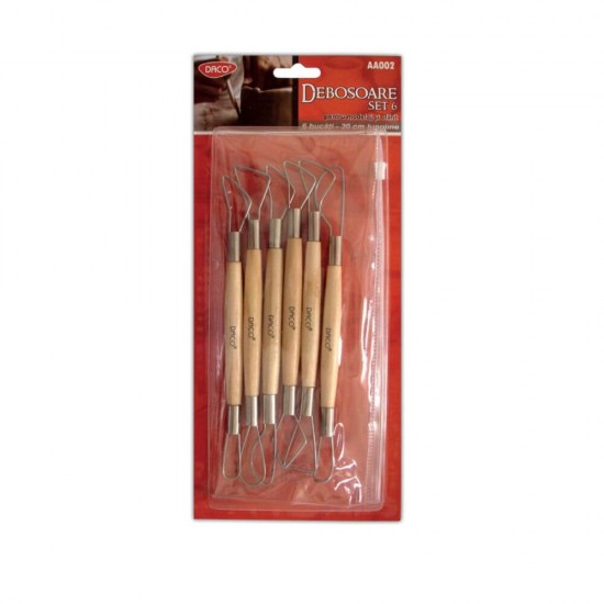 Debosoare DACO,  20 cm, 6 Buc/Set, Lemn si Metal, pentru Olarit si Modelaj, Accesorii Craft, Ustensile Modelaj Lut, Ustensile Modelaj Plastilina, Accesorii pentru Modelaj si Olarit, Cutite Pentru Lut Si Plastilina, Degrosoare Modelaj
