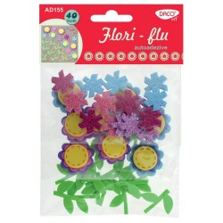 Forme Spuma Autoadeziva DACO, Model Flori Flu, Dimensiuni Variabile, 40 Buc/Set, Multicolor, Accesorii Craft, Accesorii Creatie, Accesorii Daco, Flori din Spuma, Flori Daco din Spuma, Flori Colorate Autoadezive, Flori cu Tulpina si Frunze din Spuma
