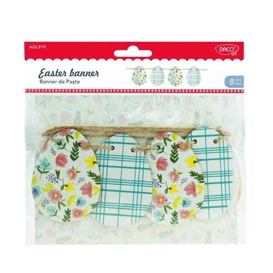 Oua Banner Paste DACO, 9 cm, 8 Buc/Set, Multicolor, Accesorii Creatie, Accesorii Craft, Oua Ornamente Paste,Ghirlande Paste, Ghirlande Decorative Oua Paste, Decoratiuni Lemn Paste, Oua Lemn Figurine Decupate, Oua Ghirlande