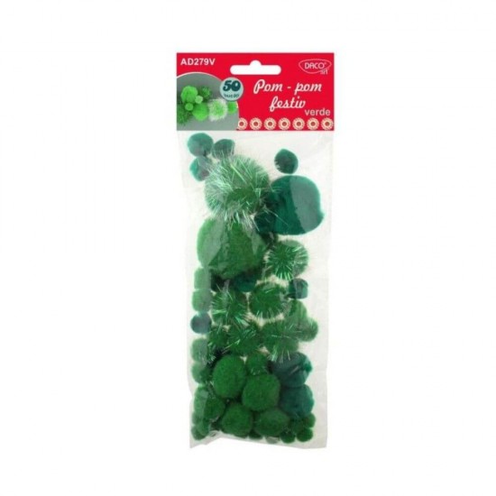 Pom Pom Festiv DACO, 50 Buc/Set, Material Textil, Dimensiuni Variabile, Culoare Verde, Accesorii Craft, Accesorii Creatie, Pom Pom Verde, Pom Pom Daco, Ciucuri Verzi, Mini Pom Pom, Set Pom Pom