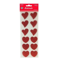 Forme Plastic Autoadeziv Glitter DACO, 12 Buc/Set, 4x4 cm, Model Rubinele, Rosu, Accesorii Craft, Inimioare din Plastic Autoadeziv, Inimioare Plastic cu Glitter, Inimioare Autoadezive cu Sclipici