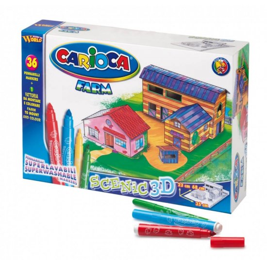 Set Constructie 3D Carioca Ferma, 23x68x35 cm, 18 Paneluri Carton Printate, 36 Carioci Super Lavabile, Accesorii Craft, Accesorii Modelaj, Macheta Carton, Set Carioci, Set Paneluri Carton, Set Cadou, Set Cadou Carioca