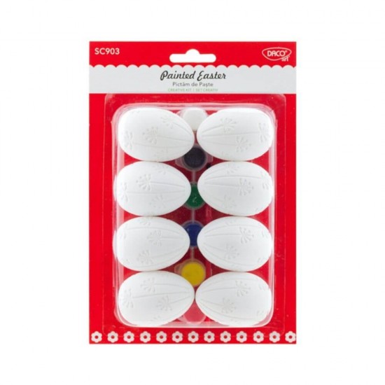 Set Creativ Pictura Paste Daco, 8 Oua 6 cm, Plastic, Vopsea 6 Culori, Set Pictura Oua, Pictura Oua Paste, Set De Pictat Oua, Decoratiuni Oua, Oua Pictate, Decoratiuni Paste