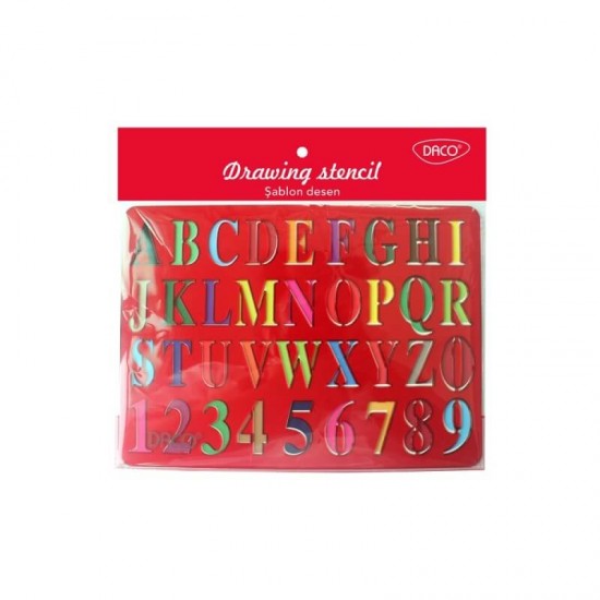 Sablon Desen Litere si Cifre DACO, 25x20 cm, Trasarea Literelor si Cifrelor, Plastic, Rosu, Sablon pentru Cifre si Litere, Sablon Trasare Cifre Litere, Sablon Litere Cifre, Sablon Desen Tehnic, Sablon Desen pentru Copii, Sablon Litere, Sablon Cifre