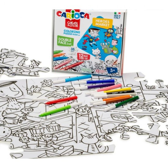 Set Puzzle si 12 Carioci Heroes&Market Carioca, 35 Piese, Multicolor, Carioci Super Lavabile, Puzzle, Puzzle Carioca, Carioci Puzzle, Set Carioca Puzzle, Set Carioca Carioci, Set Creativ, Set Creativ Copii, Set Creativ Carioca