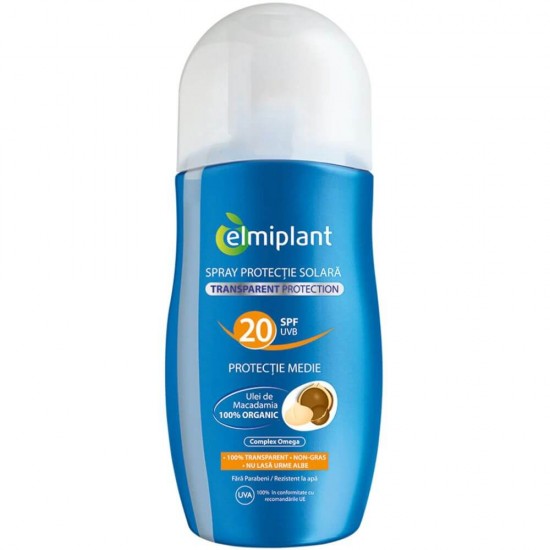 Lotiune Spray Protectie Solara Elmiplant Sun, SPF 20, 200 ml, cu Complex Omega, Transparenta, Lotiune de Corp cu Protectie Solara, Lotiune pentru Protectie Solara Elmiplant, Spray pentru Protectie Solara Elmiplant, Lotiune SPF 20, Lotiune pentru Plaja