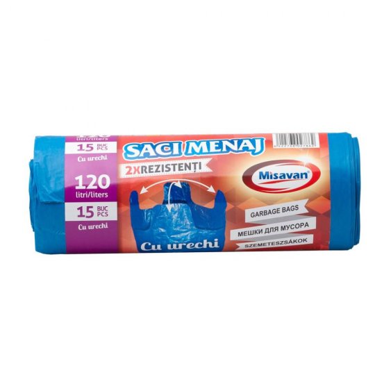 Rola 15 Saci Menajeri cu Urechi pentru Colectare Selectiva Misavan, 120 l, Albastri, Saci de Menaj, Rola Saci Menajeri, Saci Menajeri 120 l, Saci Menajeri in Rola, Saci Menaj cu Manere, Saci pentru Menaj, Saci Gunoi, Saci de Gunoi, Saci Deseuri
