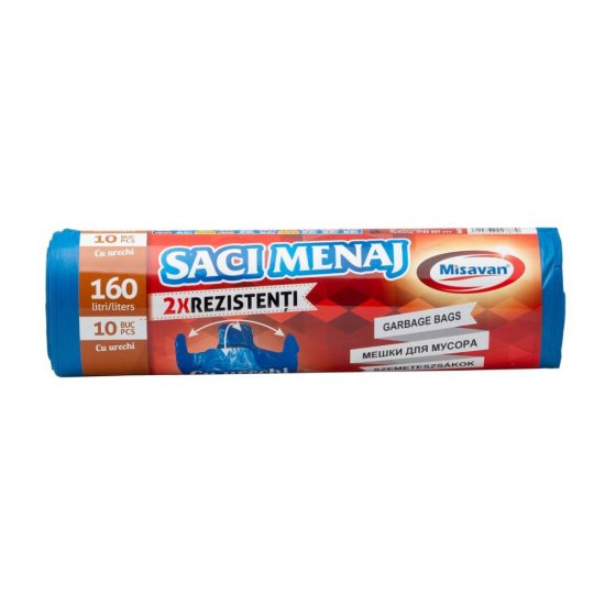 Rola 10 Saci Menajeri cu Urechi pentru Colectare Selectiva Misavan, 160 l, Albastri, Saci de Menaj, Rola Saci Menajeri, Saci Menajeri 160 l, Saci Menajeri in Rola, Saci Menaj cu Manere, Saci pentru Menaj, Saci Gunoi, Saci de Gunoi, Saci Deseuri