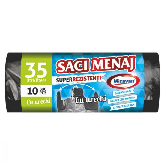 Rola 10 Saci Menajeri cu Urechi Misavan, 35 l, Negri, Saci de Menaj, Rola Saci Menajeri, Saci Menajeri 35 l, Saci Menajeri in Rola, Saci pentru Menaj, Saci Menaj cu Urechi, Saci Gunoi, Saci de Gunoi, Saci Deseuri, Saci pentru Deseuri