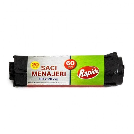 Saci Menajeri RAPIDO, 60L, 60x70 cm, 20 Buc/Rola, Negri, Rola Saci Menajeri, Role Saci Menaj, Saci Menajeri in Rola, Rola Saci de Gunoi, Saci Menaj, Saci de Gunoi, Saci Menajeri 60L