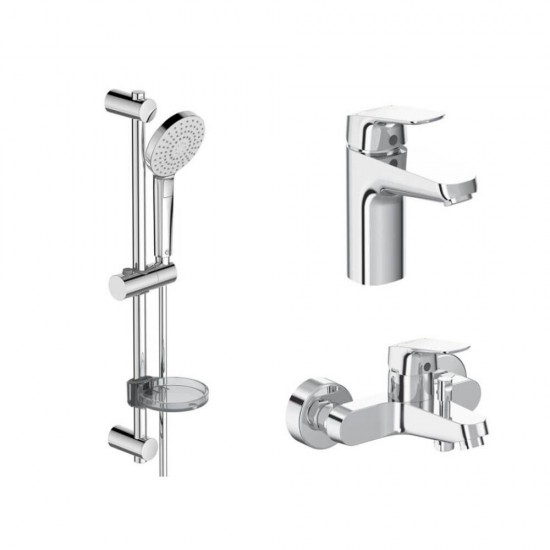 Set 6 Piese Ceraflex pentru Baie - Baterie cu Ventil Metalic pentru Lavoar, Baterie Cada si Dus, Bara Dus 600 mm, Savoniera, Para Dus 110 mm, Furtun Dus 1750 mm, Set Baie, Set pentru Baie, Set 6 Piese Baie, Set pentru Dus, Set Dus