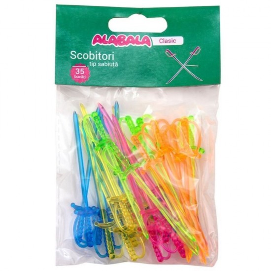 Scobitori Tip Sabiuta din Plastic, Lungime 85 mm, 35 Buc/Set, Diverse Culori, Scobitori pentru Petreceri, Scobitori pentru Aperitive, Scobitori Festive, Scobitori pentru Picnic