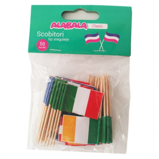 Scobitori Tip Stegulete, Lungime 65 mm, 50 Buc/Set, Diverse Culori,  Scobitori din Lemn, Scobitori pentru Petreceri, Scobitori pentru Aperitive, Scobitori Festive, Scobitori pentru Picnic