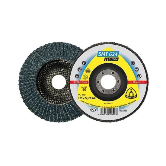 Disc Lamelar Frontal KLINGSPOR SMT 624 Supra P40, 125x22 mm, pentru Otel si Inox, Discuri Lamelare de Prelucrare Aliaje din Inox, Discuri Lamelare Frontale, Discuri Lamelare, KLINGSPOR Discuri Lamelare, Discuri si Accesorii Polizoare, Materiale Abrazive