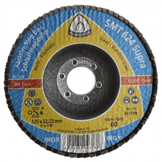 Disc Lamelar Frontal KLINGSPOR SMT 624 Supra P120, 115x22 mm, pentru Otel si Inox, Discuri Lamelare de Prelucrare Aliaje din Inox, Discuri Lamelare Frontale, Discuri Lamelare, KLINGSPOR Discuri Lamelare, Discuri si Accesorii Polizoare, Materiale Abrazive