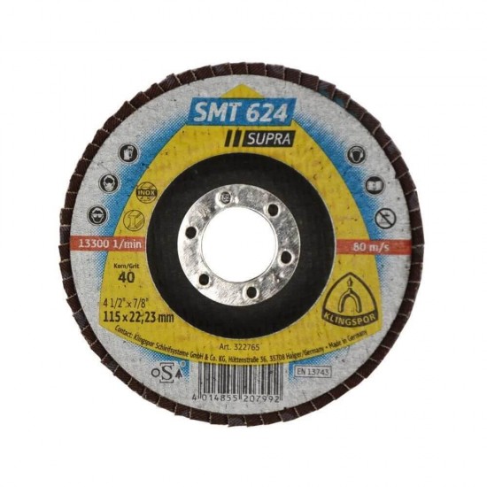 Disc Lamelar Frontal KLINGSPOR SMT 624 Supra P40, 115x22 mm, pentru Otel si Inox, Discuri Lamelare de Prelucrare Aliaje din Inox, Discuri Lamelare Frontale, Discuri Lamelare, KLINGSPOR Discuri Lamelare, Discuri si Accesorii Polizoare, Materiale Abrazive