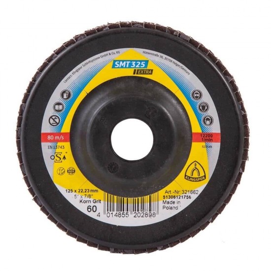 Disc Lamelar KLINGSPOR SMT 325 Extra GEW P60, 125x22 mm, pentru Otel, Discuri Lamelare, KLINGSPOR Discuri Lamelare, Discuri si Accesorii Polizoare, Materiale Abrazive