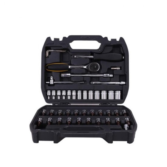 Trusa Chei Tubulare cu Clichet Deli, 46 Piese, Otel 50BV30 Cr-V, Finisaj Cromat Lucios, Geanta Plastic, Trusa de Chei Tubulare, Chei Tubulare Trusa, Set Chei Tubulare, Set Cheie Tubulara, Cheie Tubulara cu Clichet, Chei Tubulare Clichet, Chei Profesionale