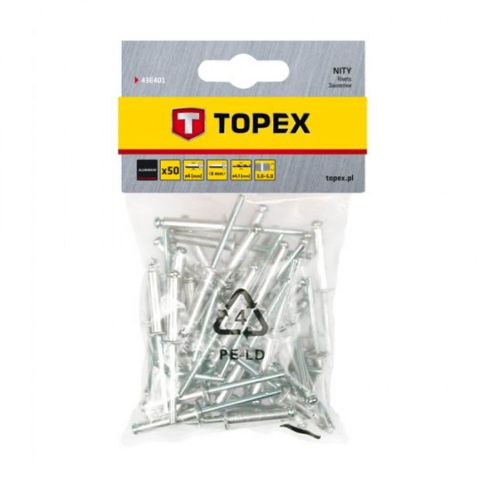 Nituri din Aluminiu, Topex, 50 Buc/Set, 4 x 8 mm, Nituri Topex Aluminiu, Set de Nituri din Aluminiu, Nit Topex, Bricolaj, Organe de Asamblare pentru Uz General, Nituri 4x8 mm, Nituri la Set 