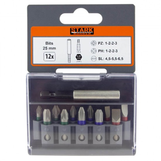 Set 12 Biti cu Adaptor Magnetic STARK BOHRER, PH 1-2-2-3, PZ 1-2-2-3, SL 4,5-5,5-6,5, Carcasa de Plastic, Biti cu Adaptor Magnetic, Set de Biti pentru Gaurire. Biti Magnetici pentru Gaurire, Bit Magnetic, Set Biti Magnetici pentru Gaurire