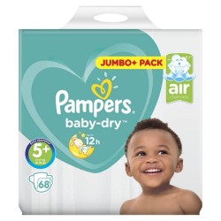 Scutece Pampers Baby-Dry, 68 Buc, Nr. 5+, 12-17 kg, Scutece pentru Copii, Scutece nr 5+, Scutece 12-17 kg, Scutece pentru Bebe, Scutece pentru Bebelusi, Scutece Protectie 12 Ore, Scutece pentru Noapte, Scutece de Noapte