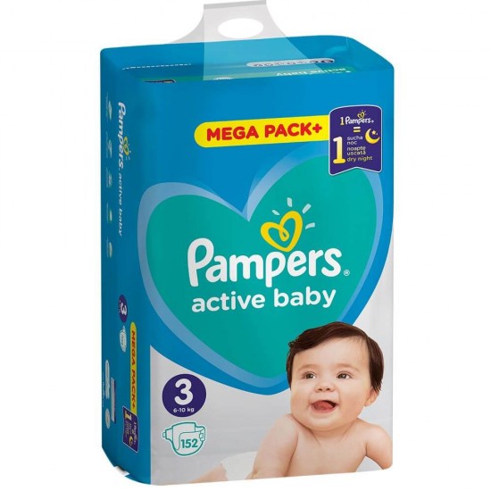 Scutece Pampers Active Baby, 152 Buc, Nr. 3, 6-10 kg, Scutece pentru Copii, Scutece nr 3, Scutece 6-10 kg, Scutece pentru Bebe Activi, Scutece pentru Copii Activi, Scutece Protectie 12 Ore, Scutece pentru Noapte, Scutece de Noapte